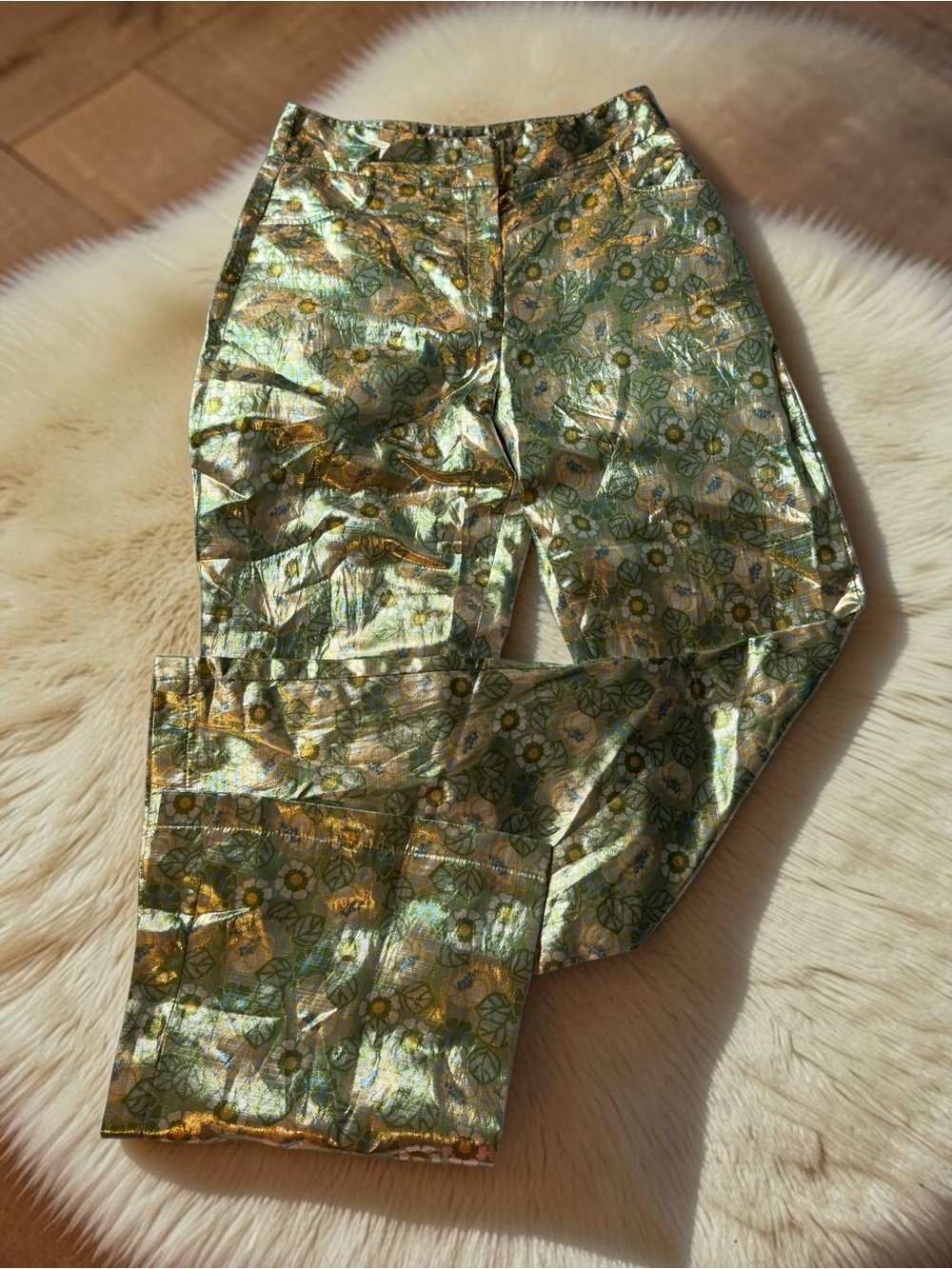 Topshop Metallic Lame Trousers US 4 Green Gold 60s Floral Party Discocore